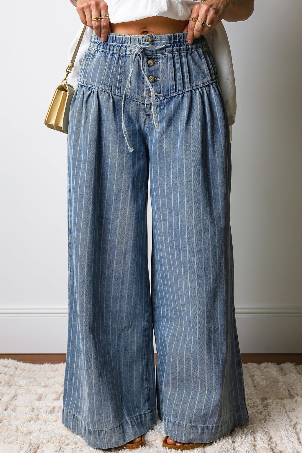 Stripe Buttoned High Waist Pleated Wide Leg Jeans - Rooted & Reckless Co.