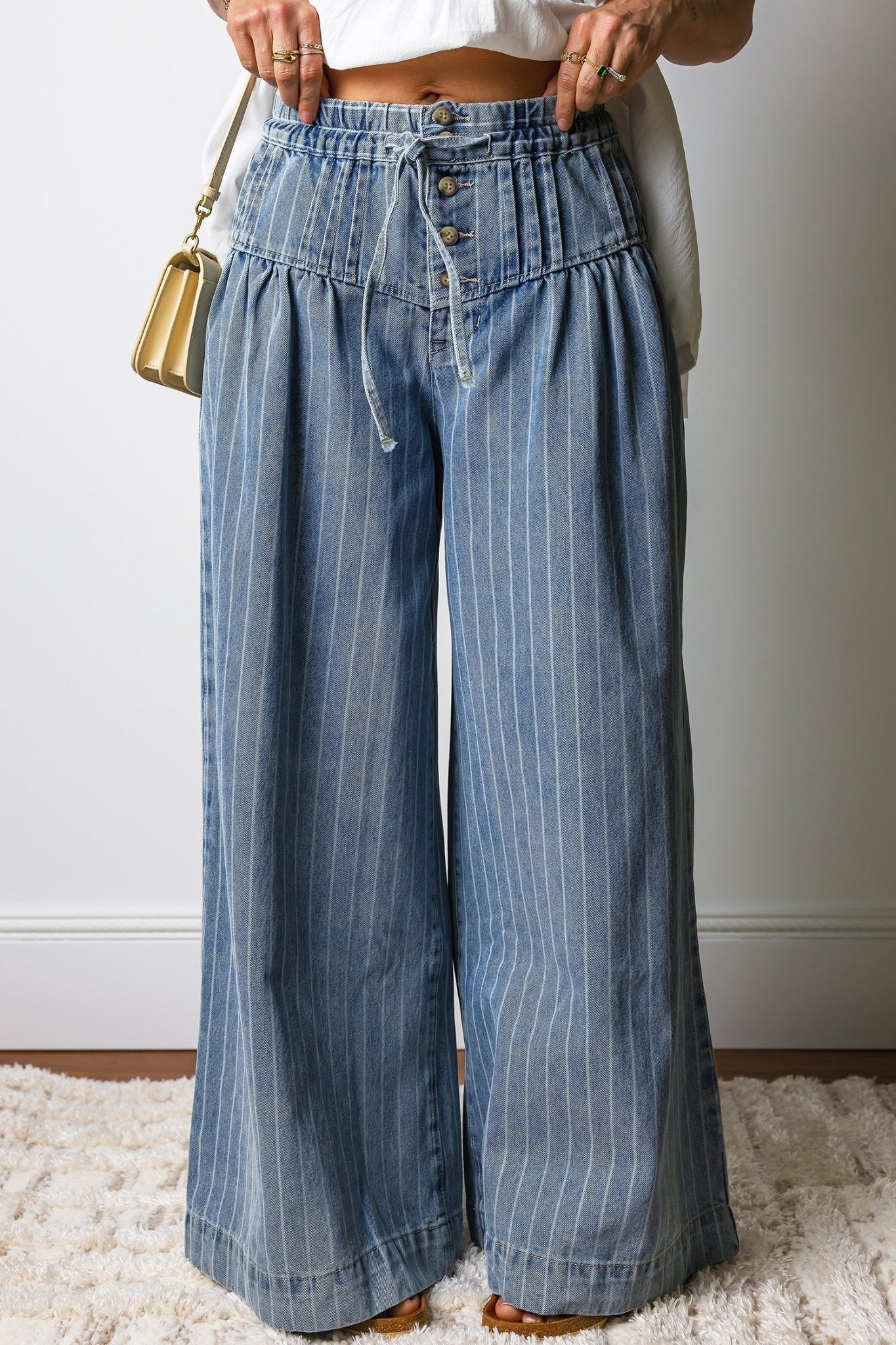 Stripe Buttoned High Waist Pleated Wide Leg Jeans - Rooted & Reckless Co.