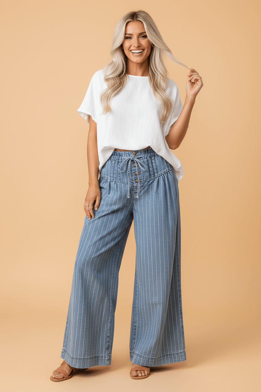 Stripe Buttoned High Waist Pleated Wide Leg Jeans - Rooted & Reckless Co.