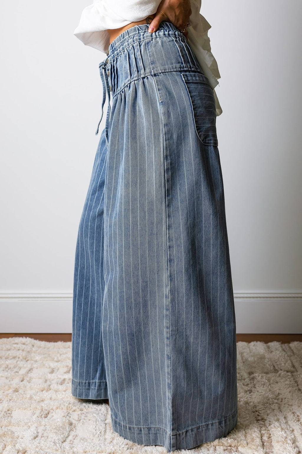 Stripe Buttoned High Waist Pleated Wide Leg Jeans - Rooted & Reckless Co.