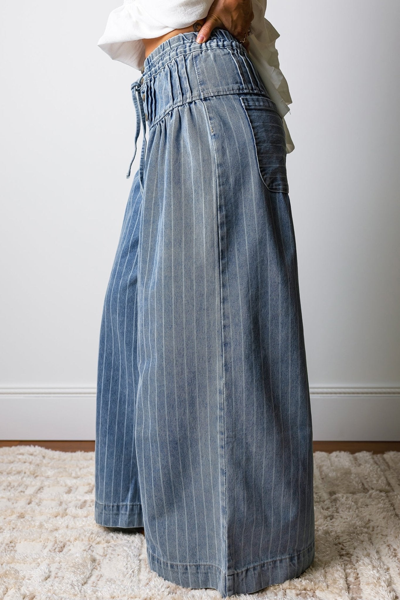 Stripe Buttoned High Waist Pleated Wide Leg Jeans - Rooted & Reckless Co.