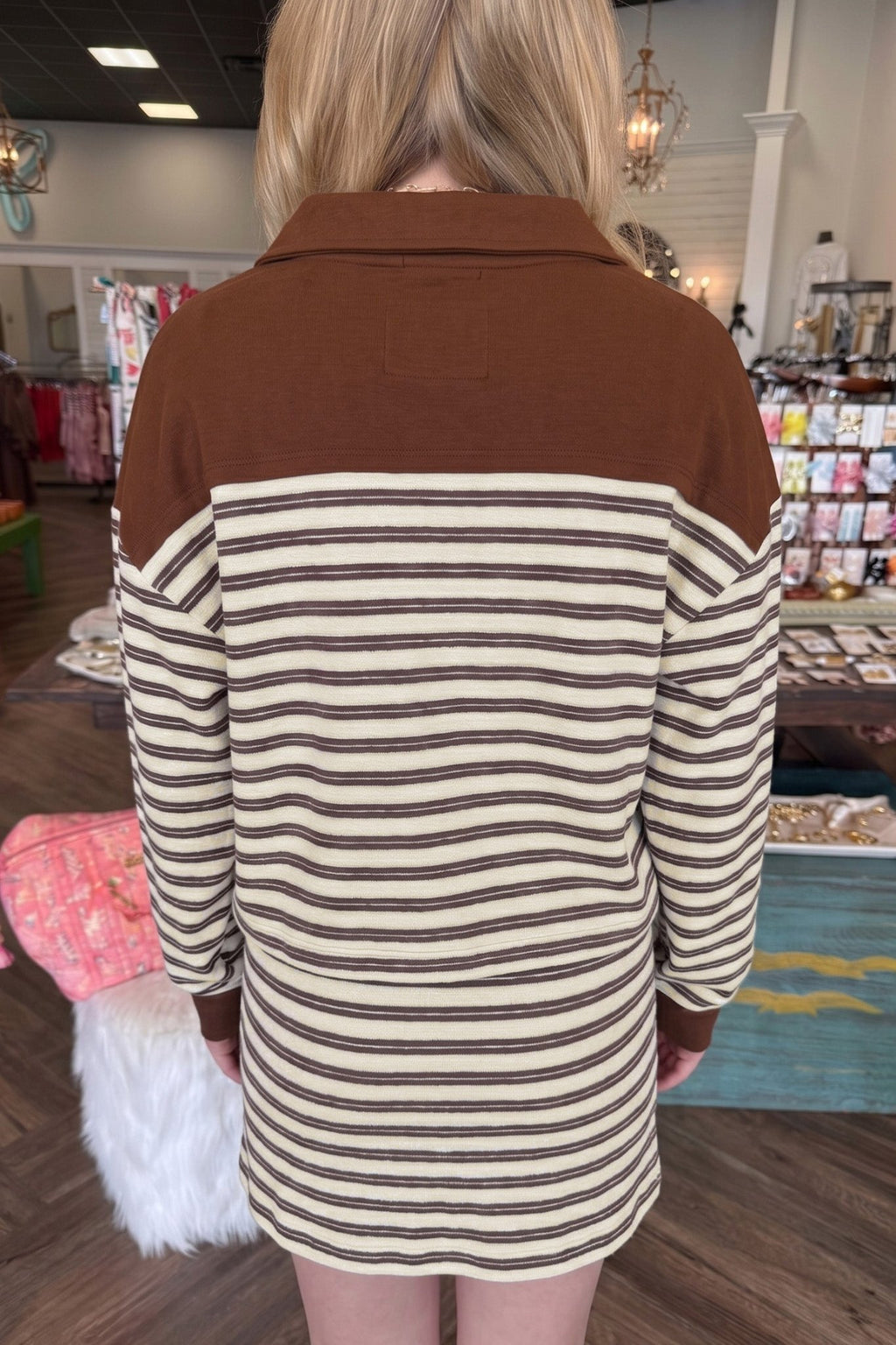 Stripe Buttoned Polo Collar Top & Mini Skirt Set - Rooted & Reckless Co.