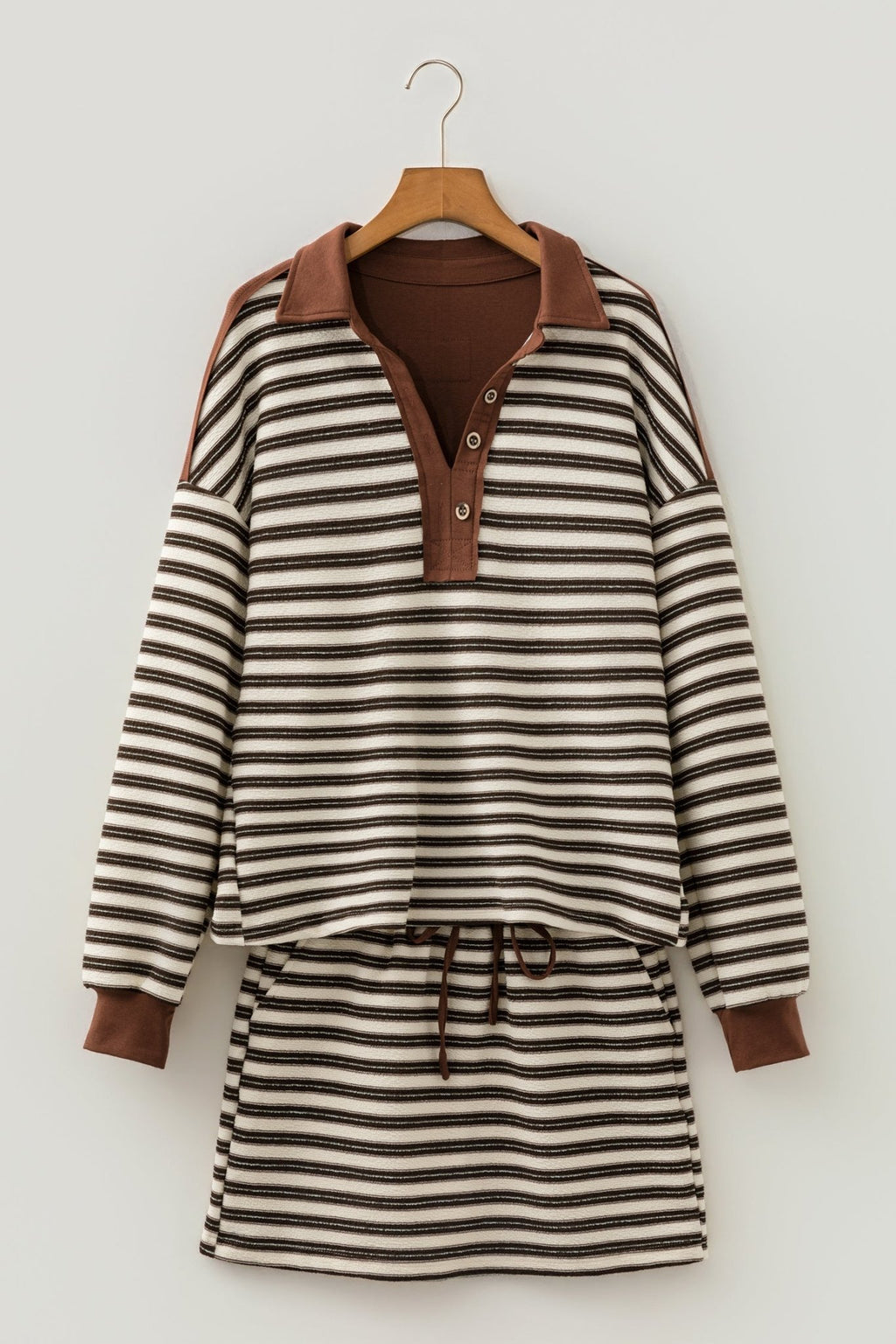 Stripe Buttoned Polo Collar Top & Mini Skirt Set - Rooted & Reckless Co.