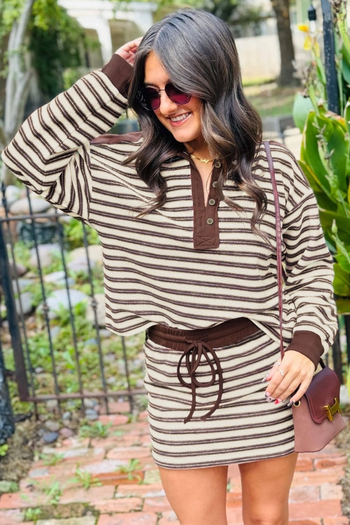 Stripe Buttoned Polo Collar Top & Mini Skirt Set - Rooted & Reckless Co.