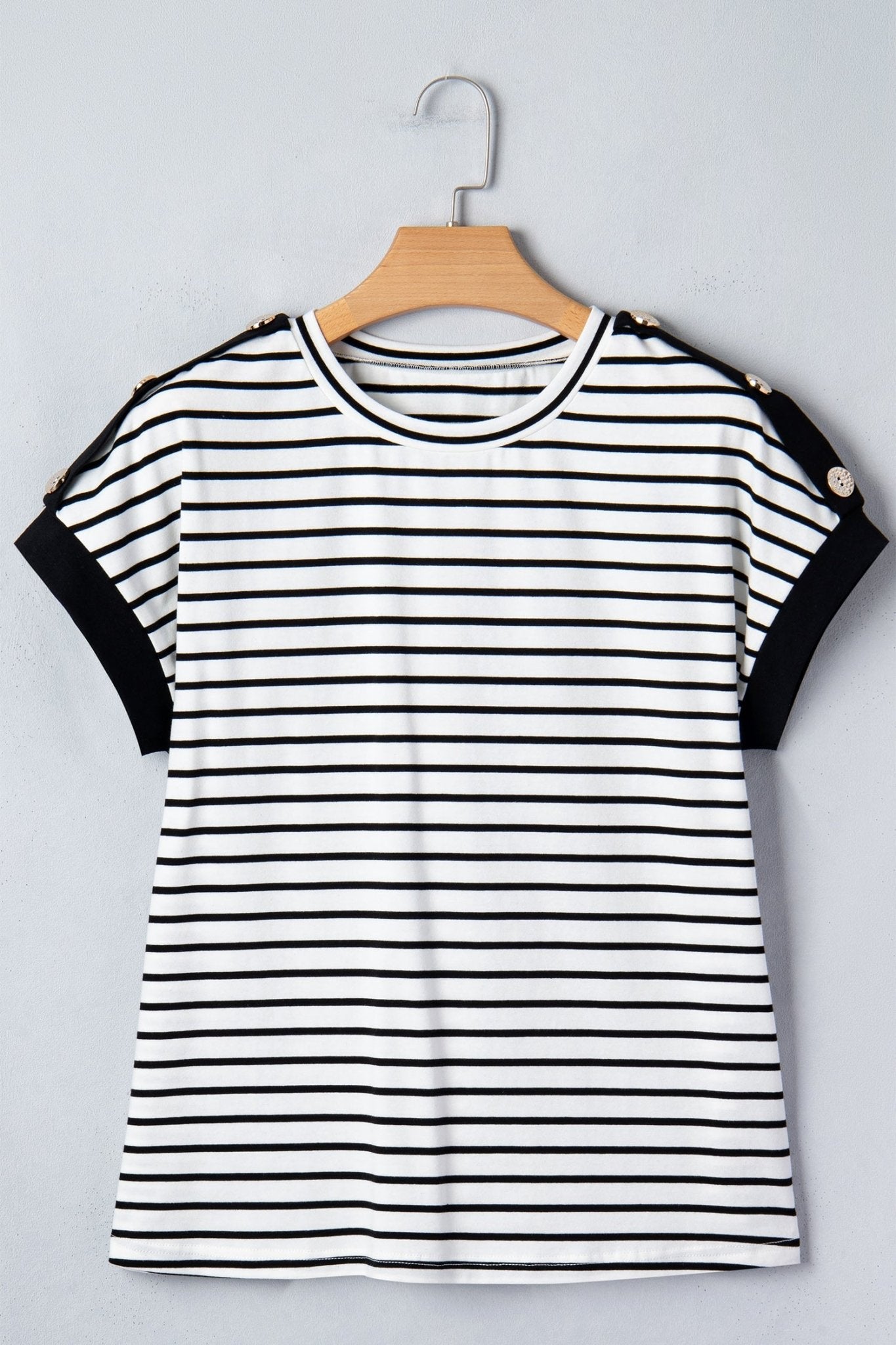Stripe Buttoned Shoulder Cuffed Short Sleeve Tee - Rooted & Reckless Co.
