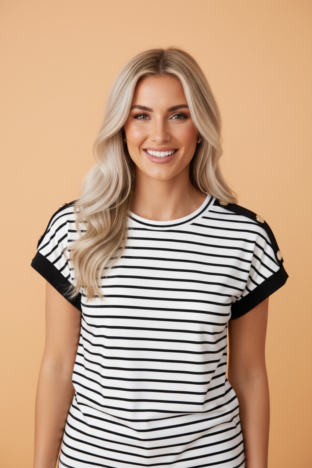 Stripe Buttoned Shoulder Cuffed Short Sleeve Tee - Rooted & Reckless Co.