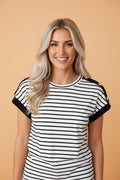 Stripe Buttoned Shoulder Cuffed Short Sleeve Tee - Rooted & Reckless Co.