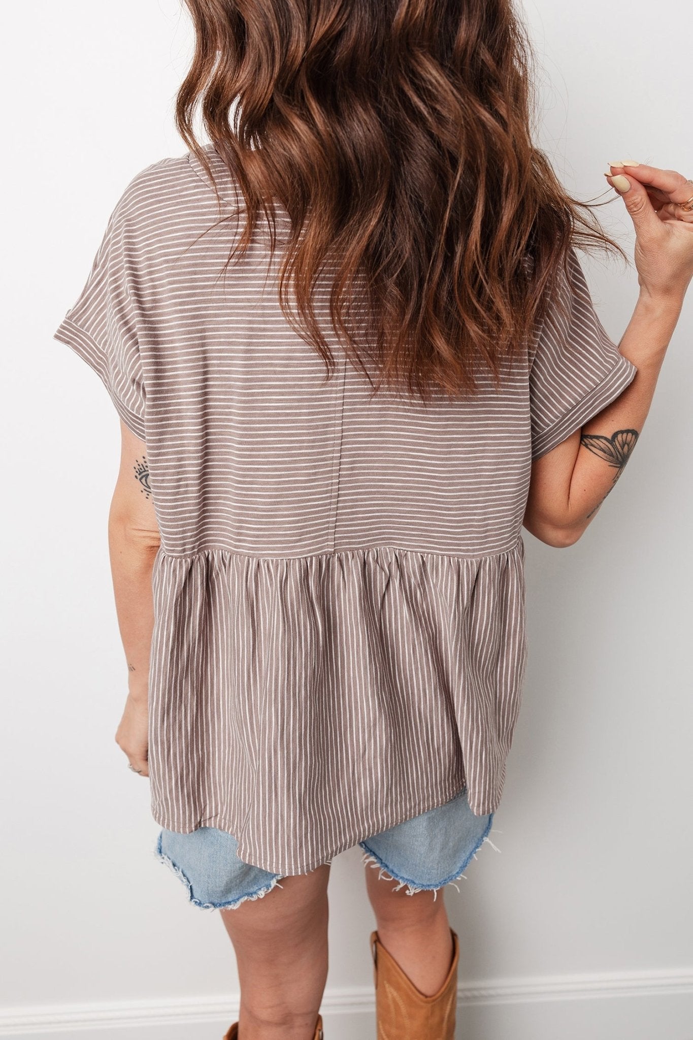Stripe Buttoned V-Neck Short Sleeve T-Shirt - Rooted & Reckless Co.