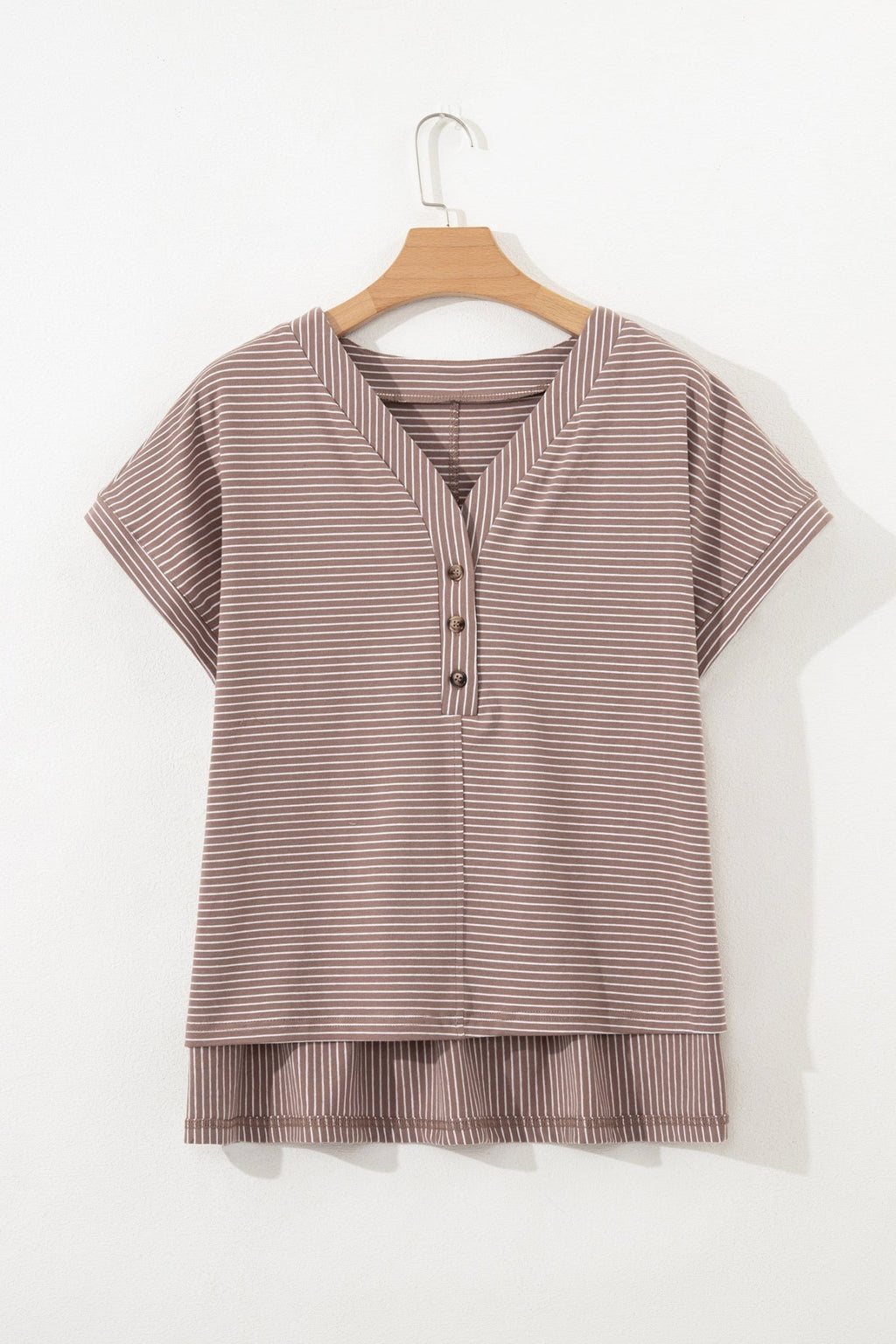 Stripe Buttoned V-Neck Short Sleeve T-Shirt - Rooted & Reckless Co.