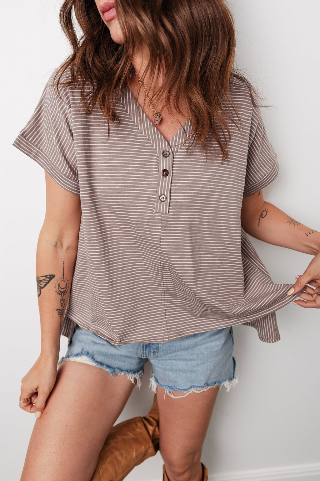 Stripe Buttoned V-Neck Short Sleeve T-Shirt - Rooted & Reckless Co.
