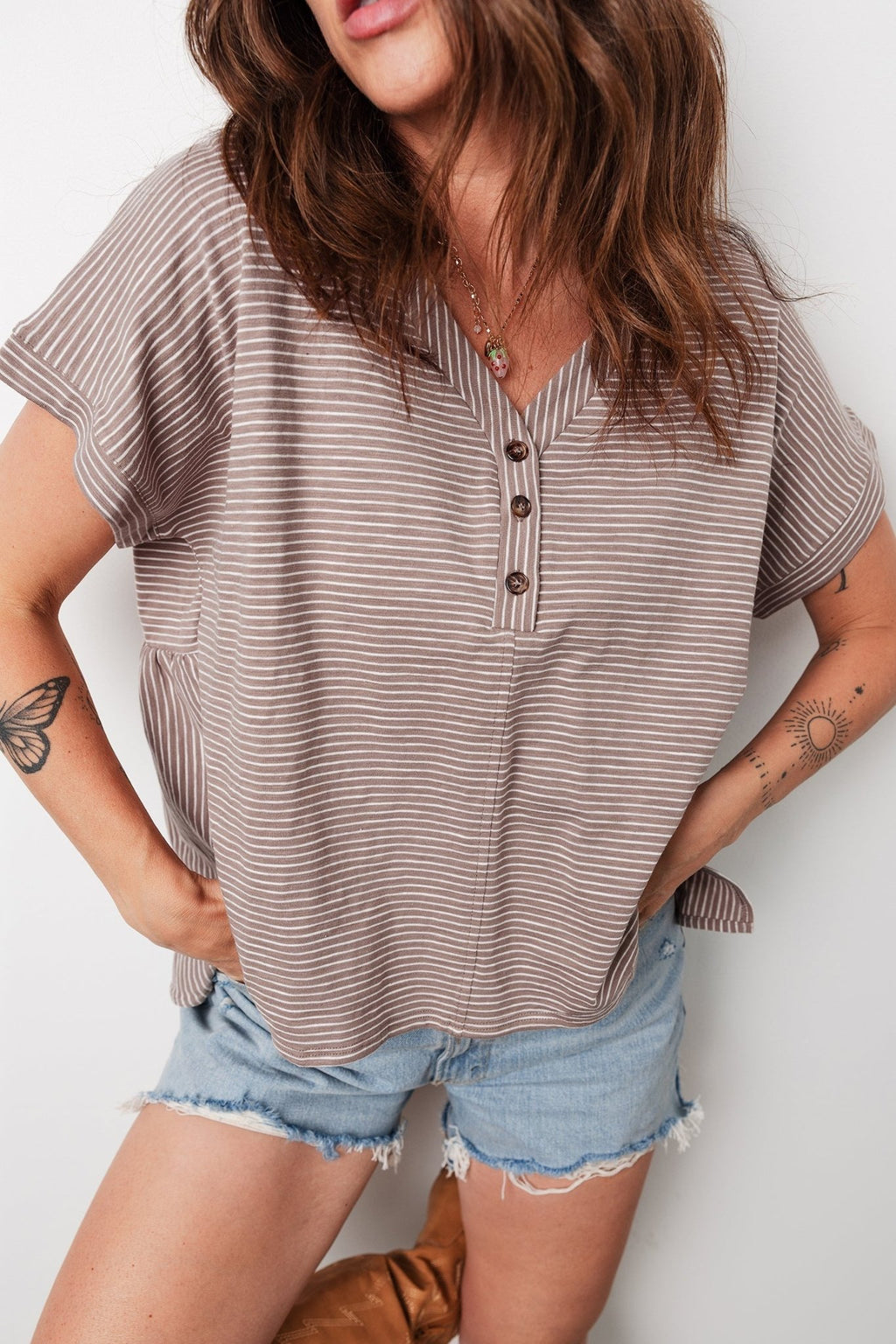 Stripe Buttoned V-Neck Short Sleeve T-Shirt - Rooted & Reckless Co.