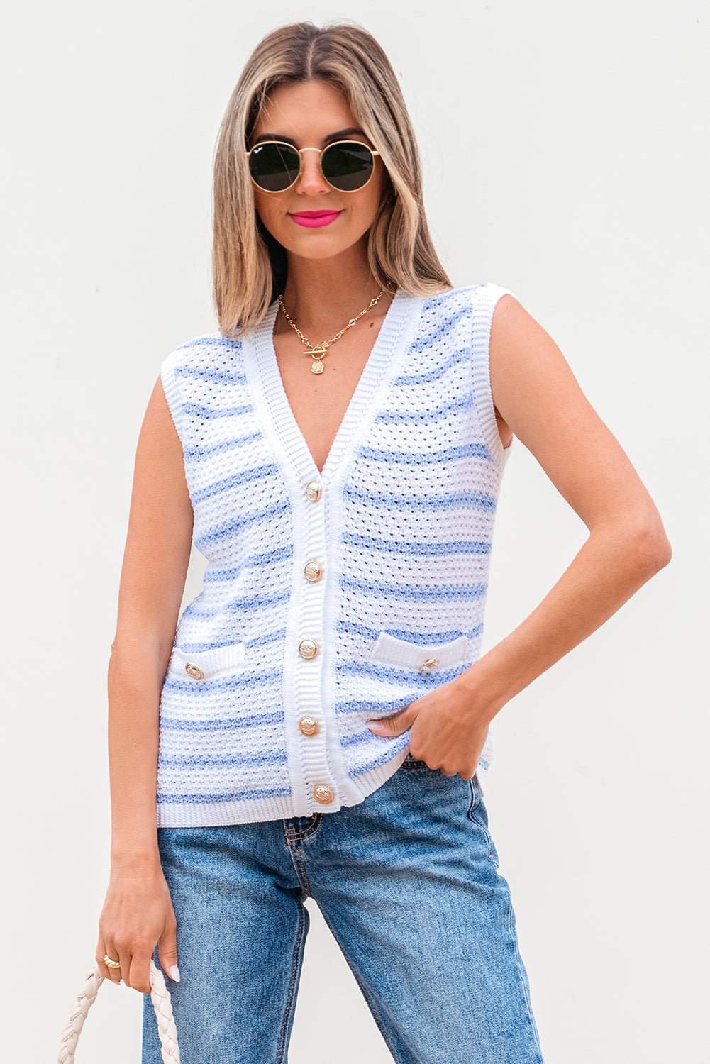 Stripe Buttoned V-Neck Sweater Knit Top - Rooted & Reckless Co.