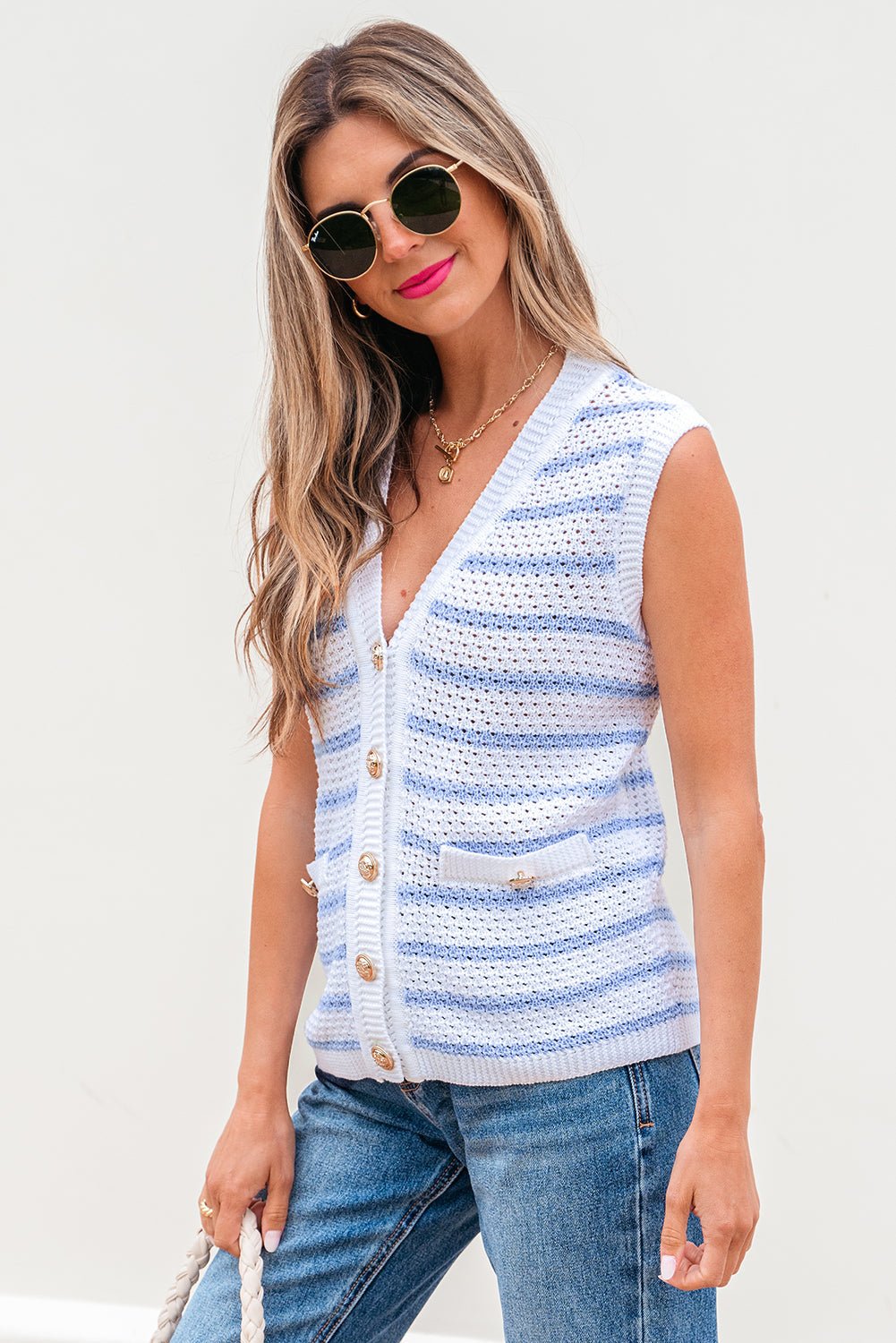 Stripe Buttoned V-Neck Sweater Knit Top - Rooted & Reckless Co.