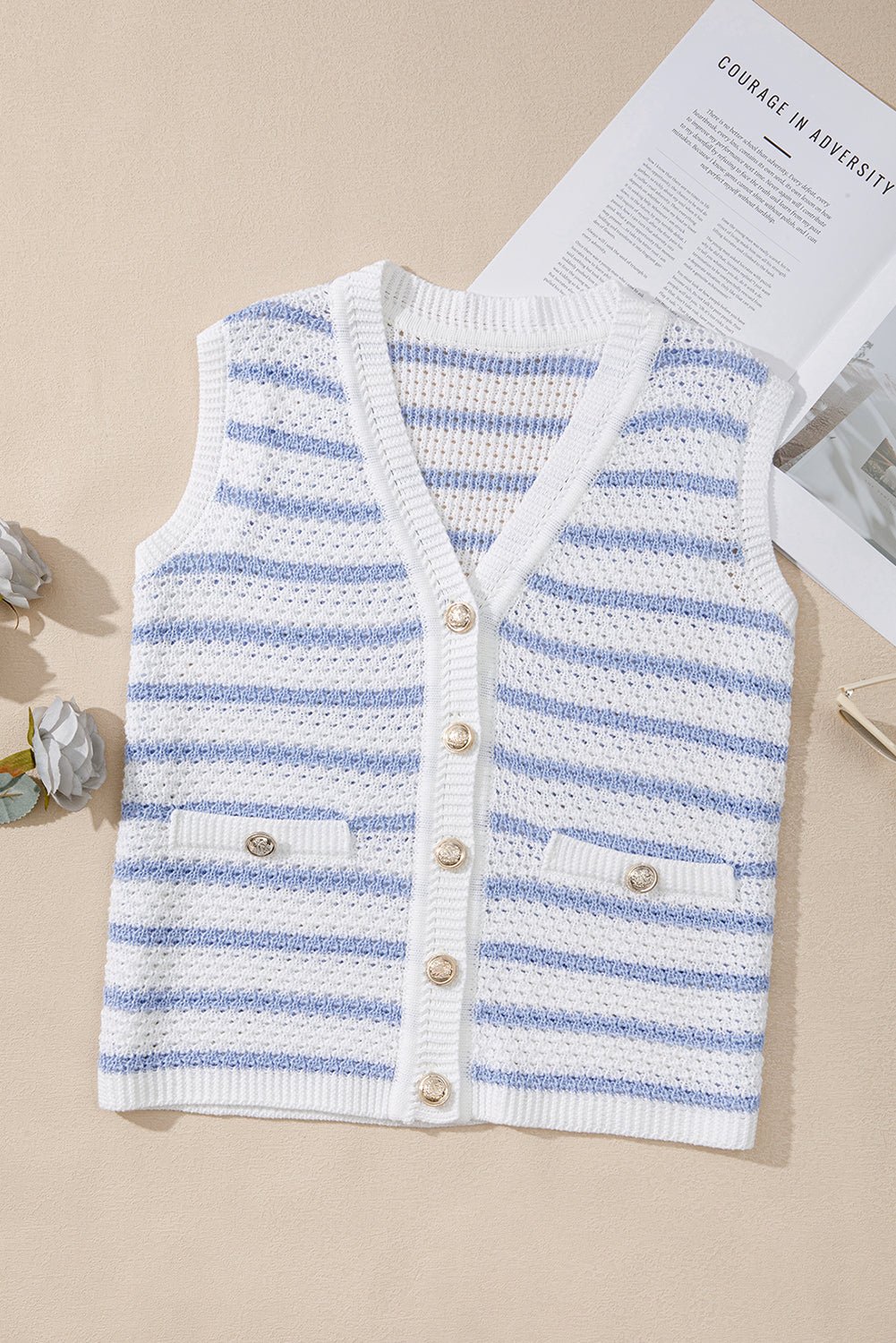 Stripe Buttoned V-Neck Sweater Knit Top - Rooted & Reckless Co.