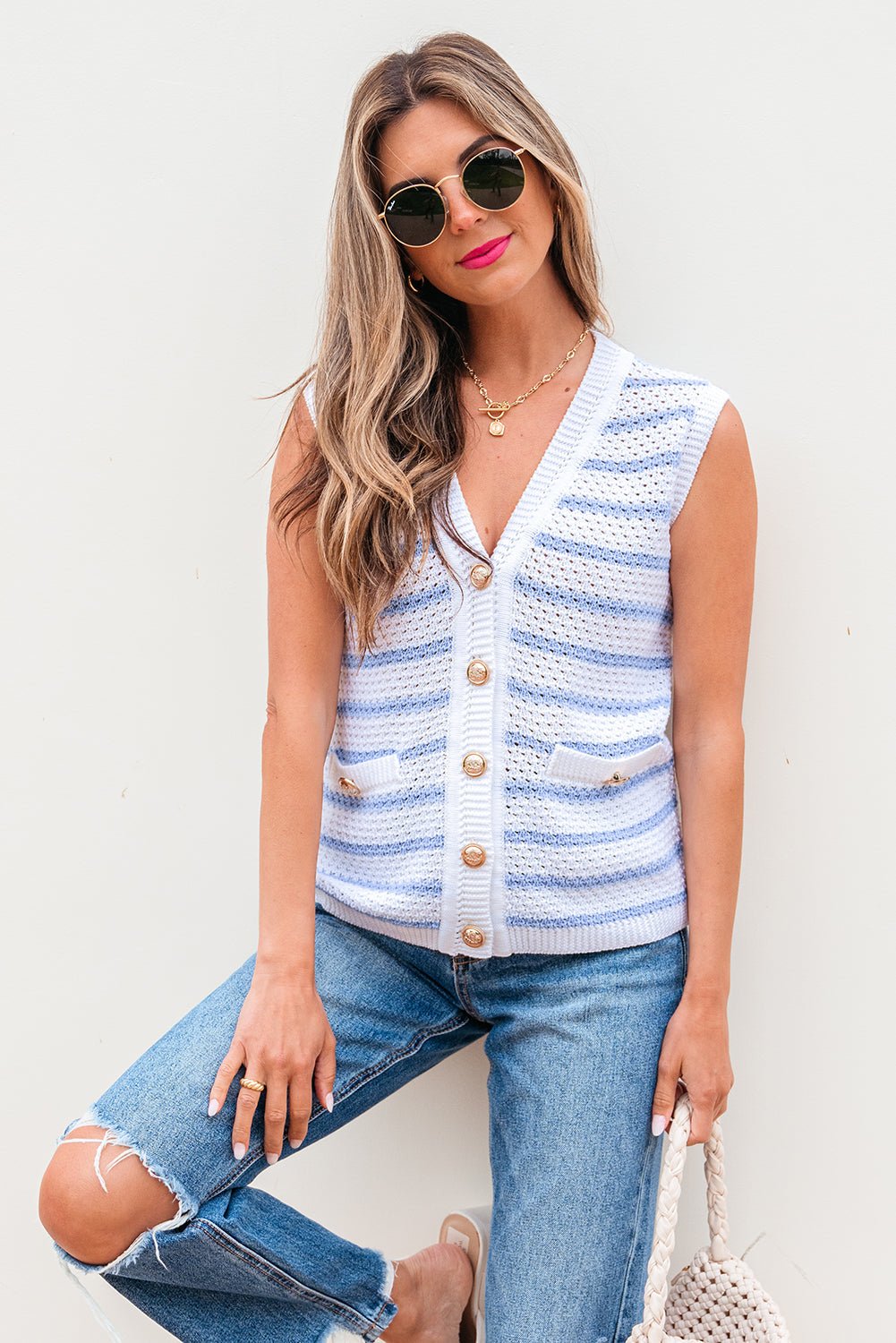 Stripe Buttoned V-Neck Sweater Knit Top - Rooted & Reckless Co.