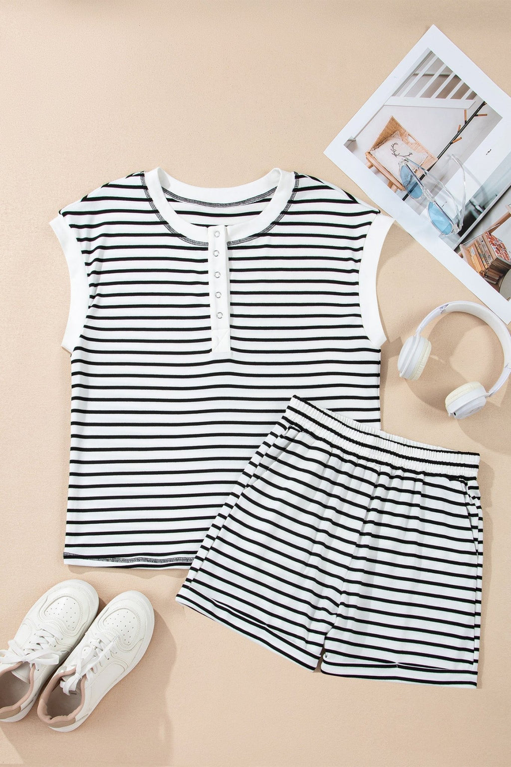 Stripe Cap Sleeve Henley Top & Shorts Set - Rooted & Reckless Co.