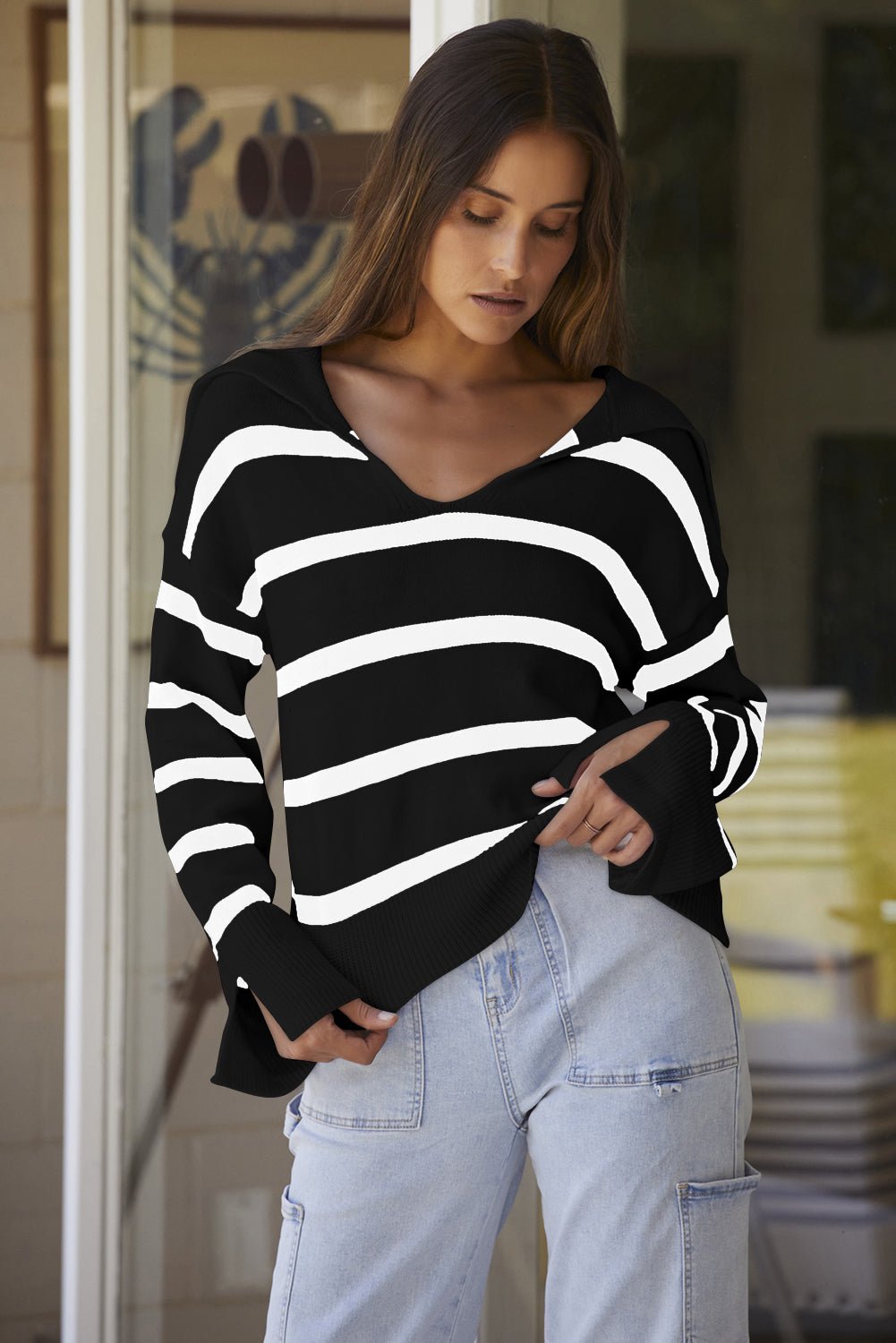 Stripe Caped V-Neck Slit Sleeve Sweater - Rooted & Reckless Co.