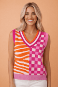 Stripe Checker Patchwork V-Neck Sweater Top - Rooted & Reckless Co.