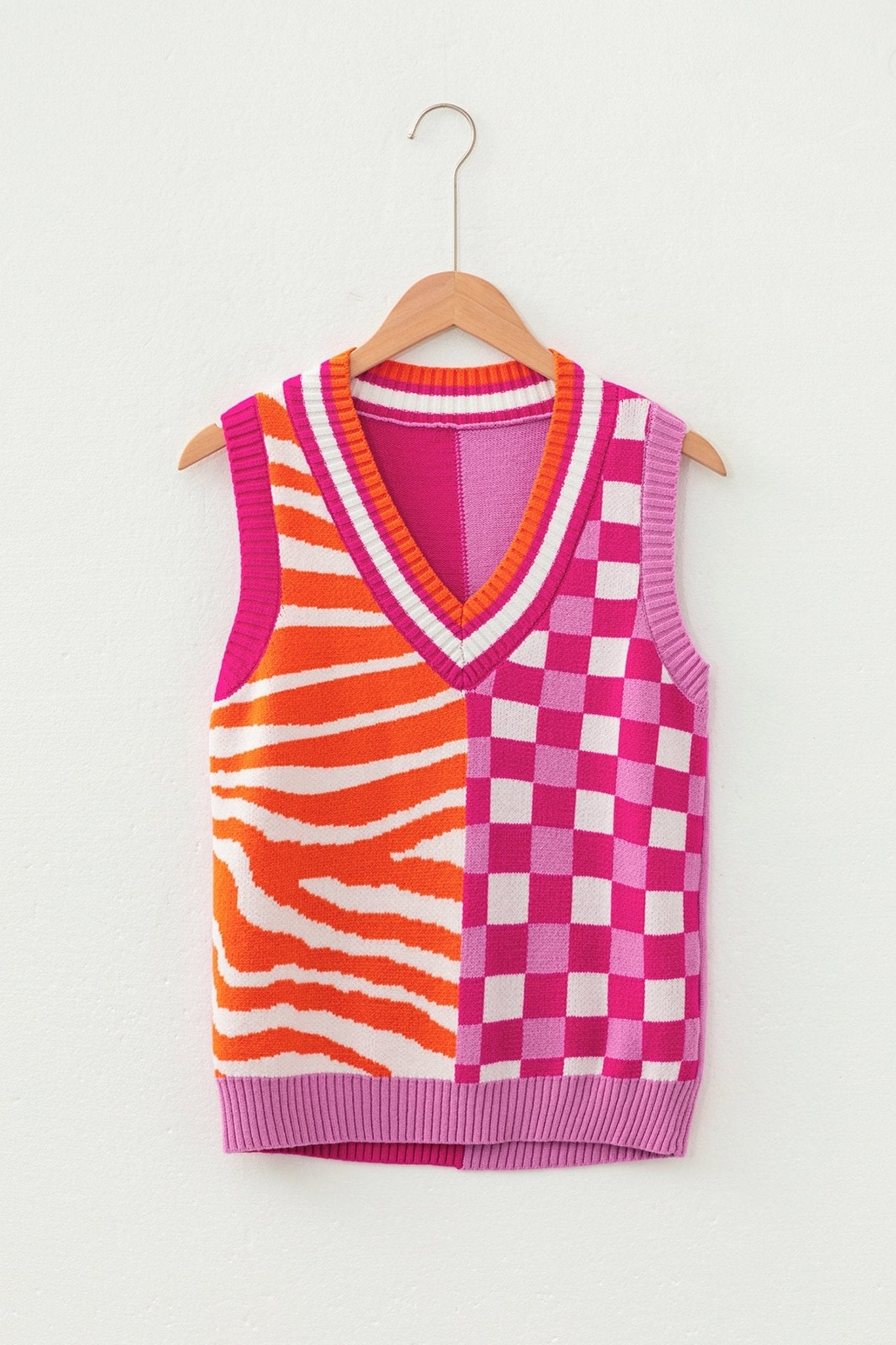 Stripe Checker Patchwork V-Neck Sweater Top - Rooted & Reckless Co.