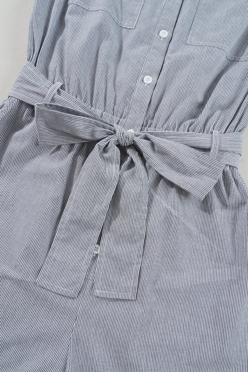 Stripe Chest Pockets Buttoned Collar Belted Romper - Rooted & Reckless Co.