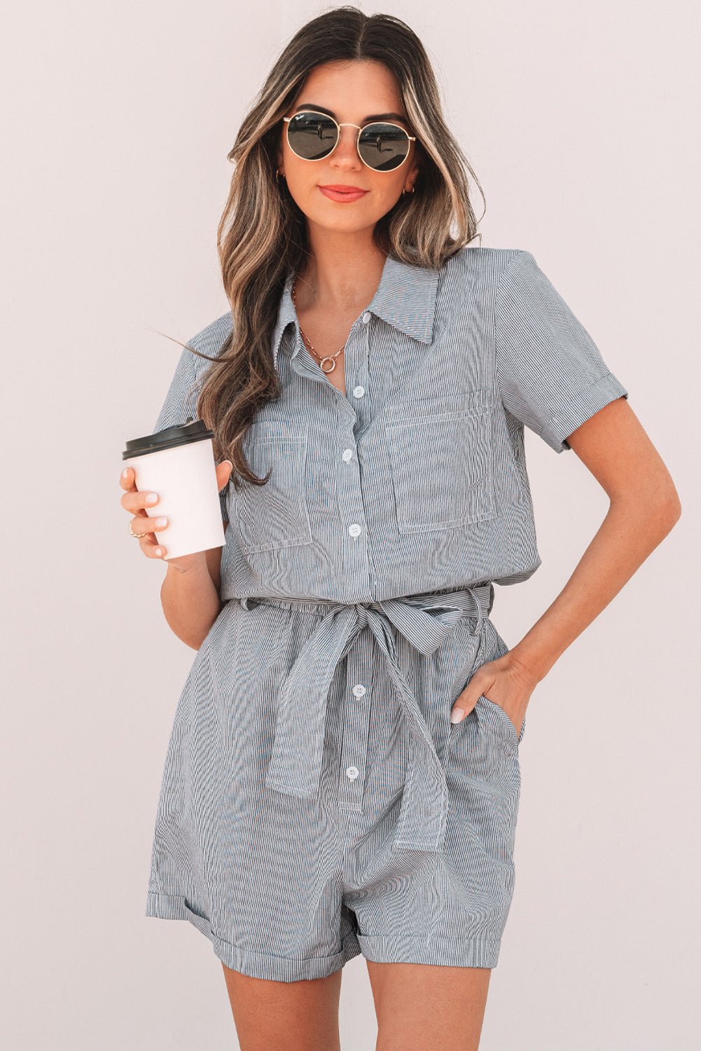Stripe Chest Pockets Buttoned Collar Belted Romper - Rooted & Reckless Co.