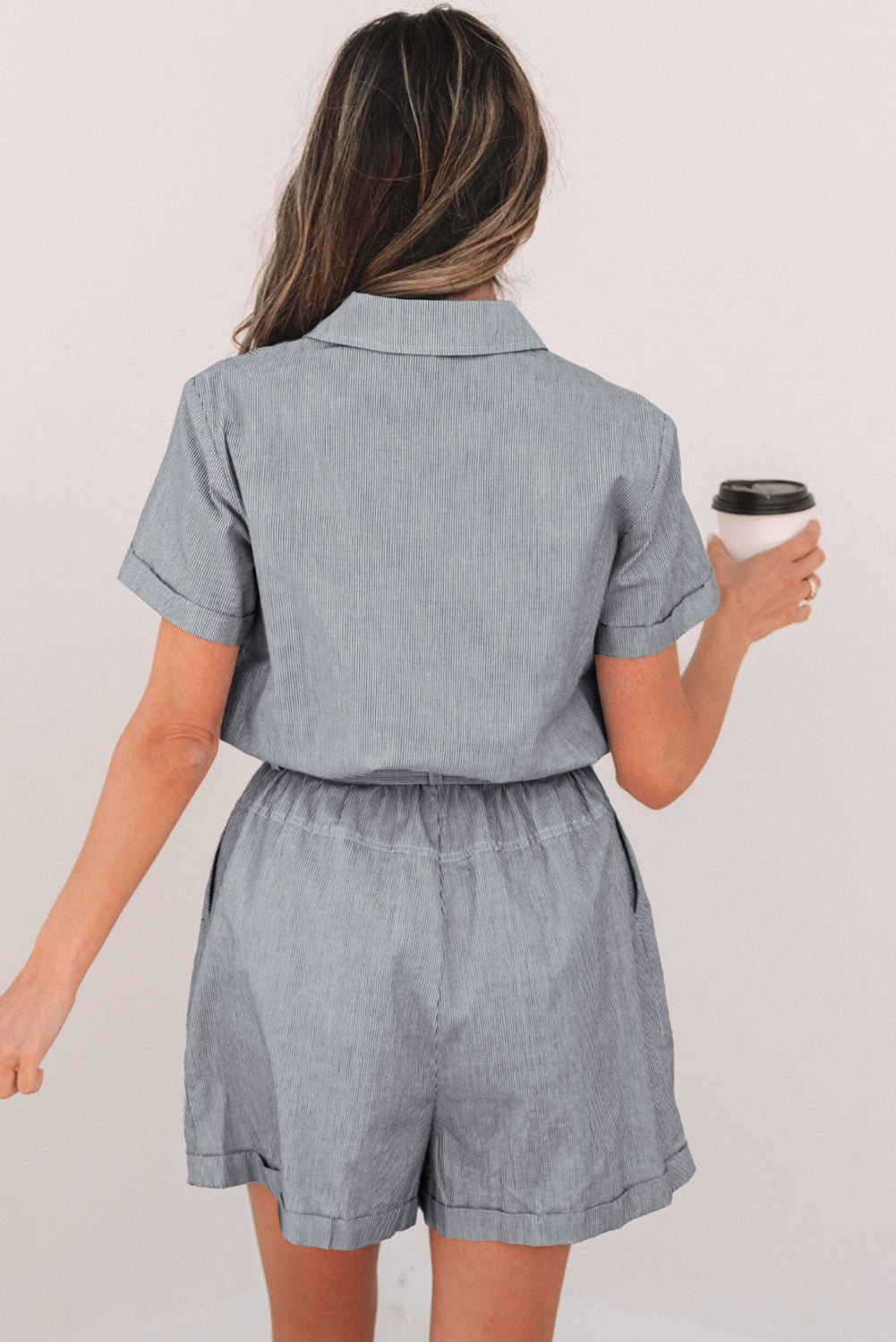 Stripe Chest Pockets Buttoned Collar Belted Romper - Rooted & Reckless Co.
