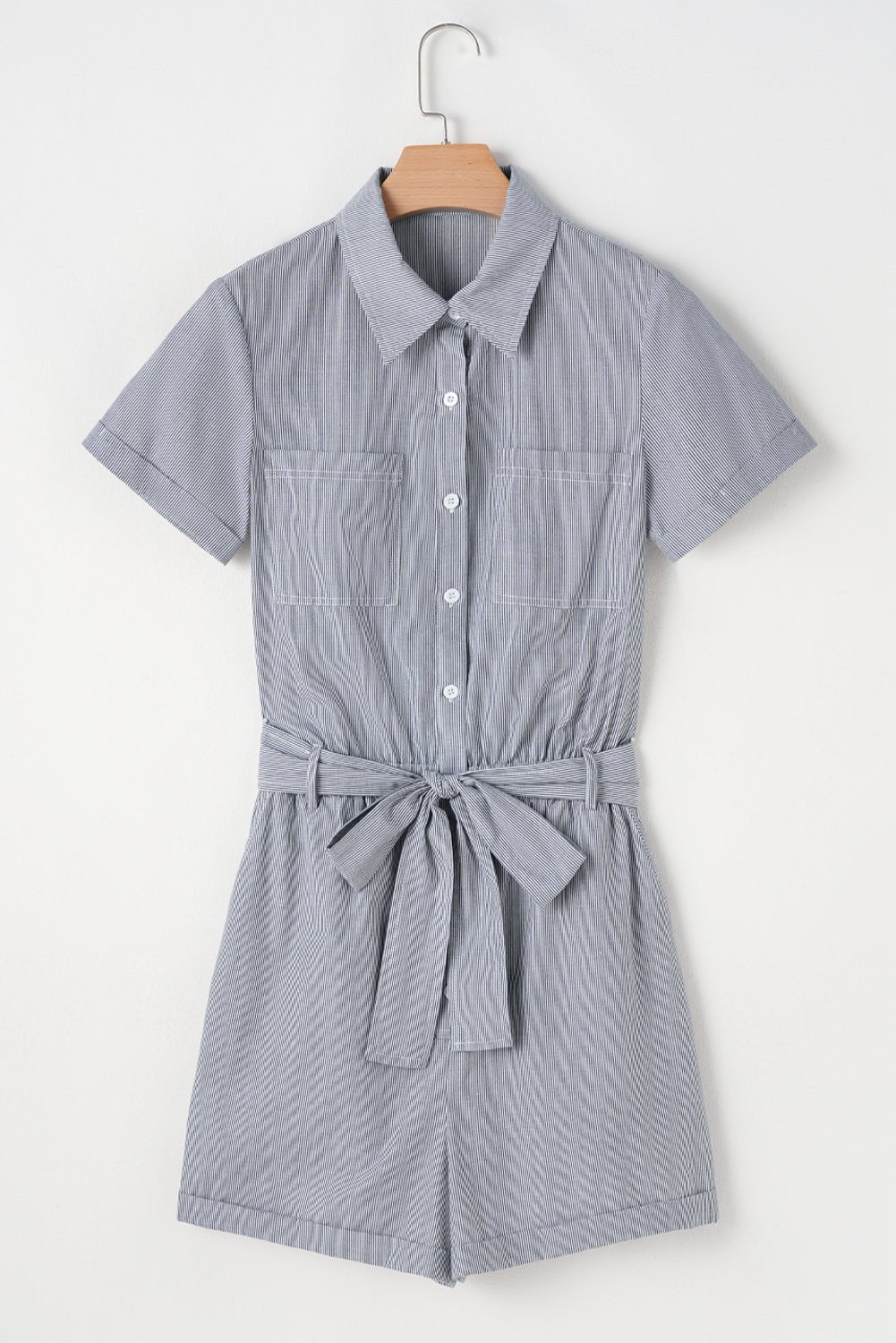 Stripe Chest Pockets Buttoned Collar Belted Romper - Rooted & Reckless Co.
