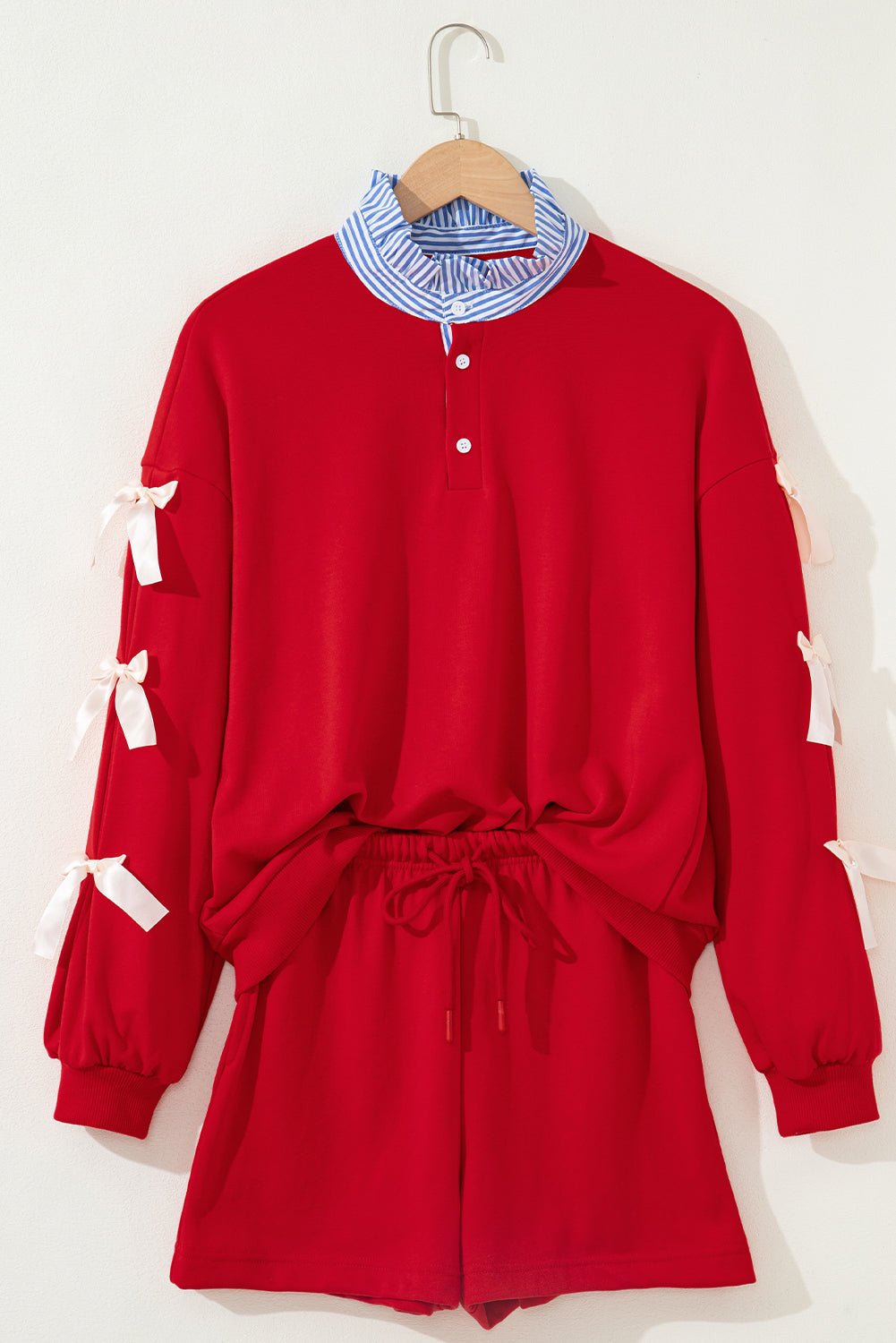 Stripe Collar Bow Tie Sweatshirt and Shorts Set - Rooted & Reckless Co.