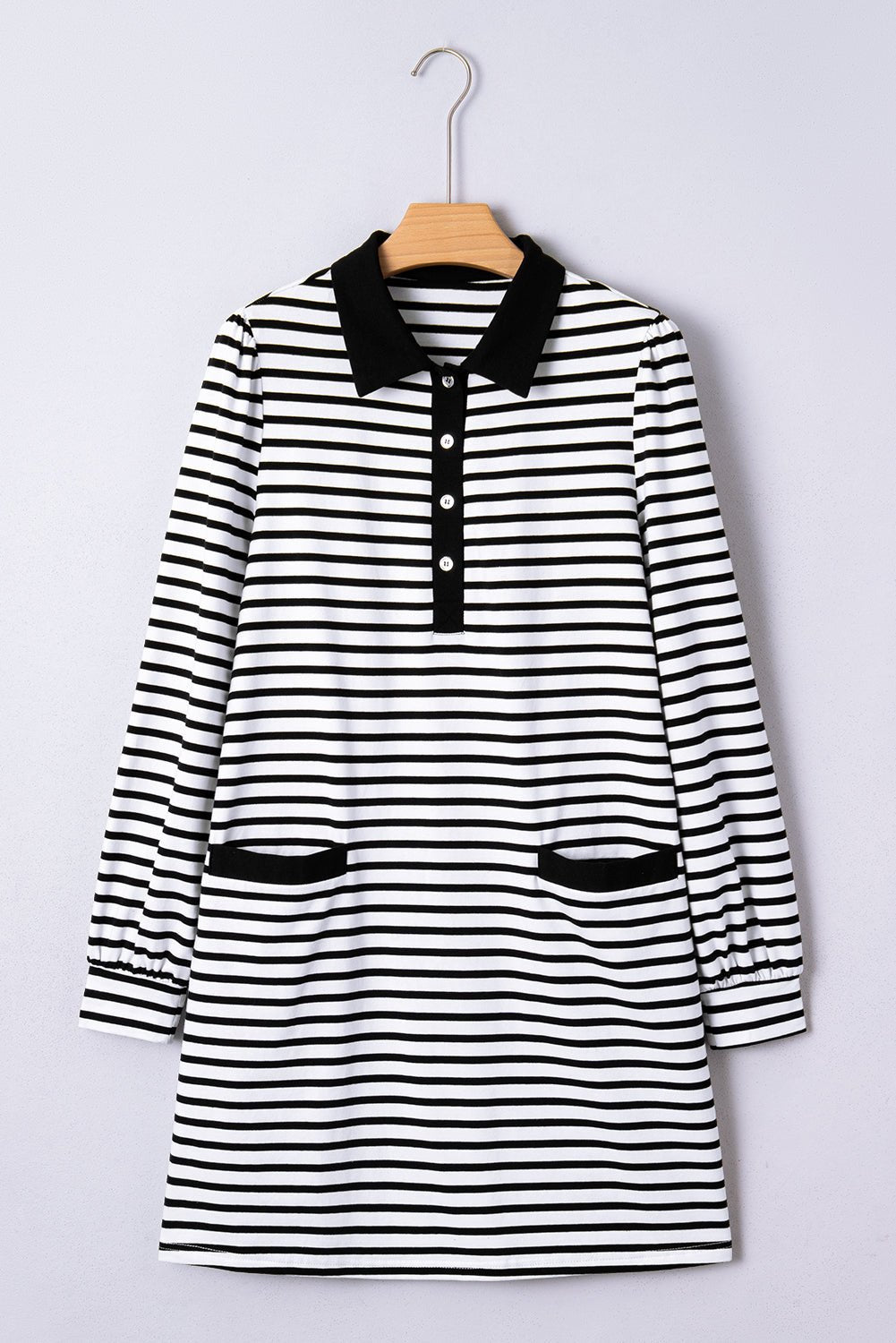 Stripe Collared Pocketed Long Sleeve T-Shirt Dress - Rooted & Reckless Co.