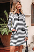 Stripe Collared Pocketed Long Sleeve T-Shirt Dress - Rooted & Reckless Co.