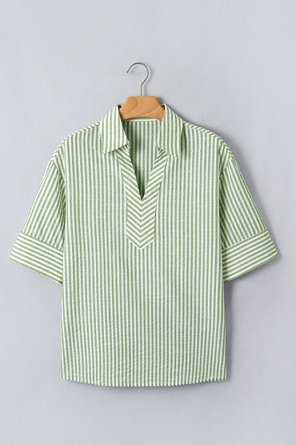 Stripe Collared V-Neck 3/4 Sleeve Blouse - Rooted & Reckless Co.