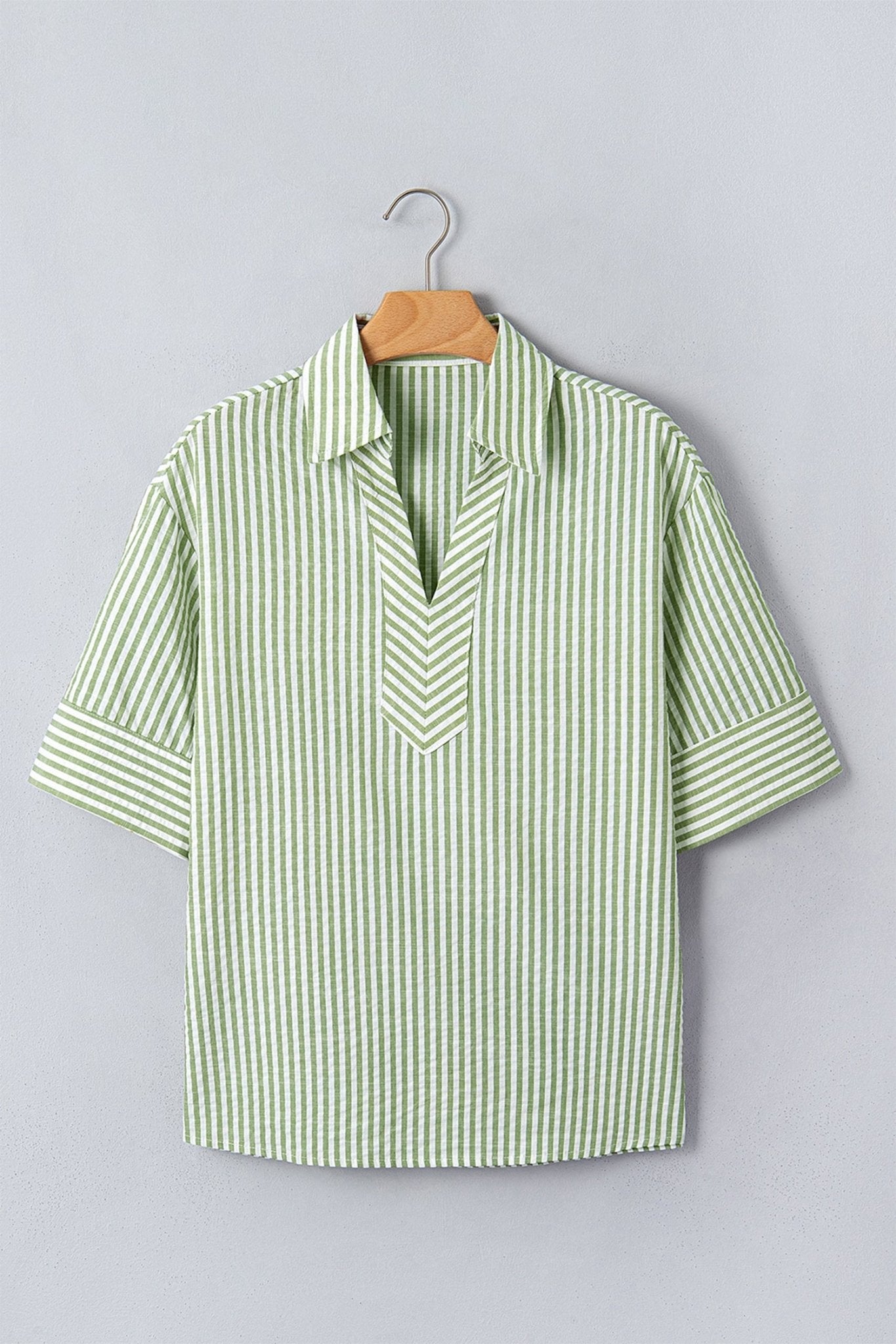 Stripe Collared V-Neck 3/4 Sleeve Blouse - Rooted & Reckless Co.