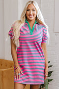 Stripe Collared V-Neck Puff Sleeve T-Shirt Dress - Rooted & Reckless Co.