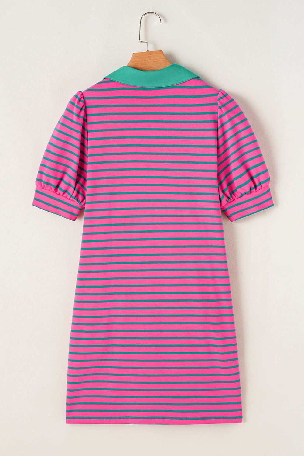 Stripe Collared V-Neck Puff Sleeve T-Shirt Dress - Rooted & Reckless Co.