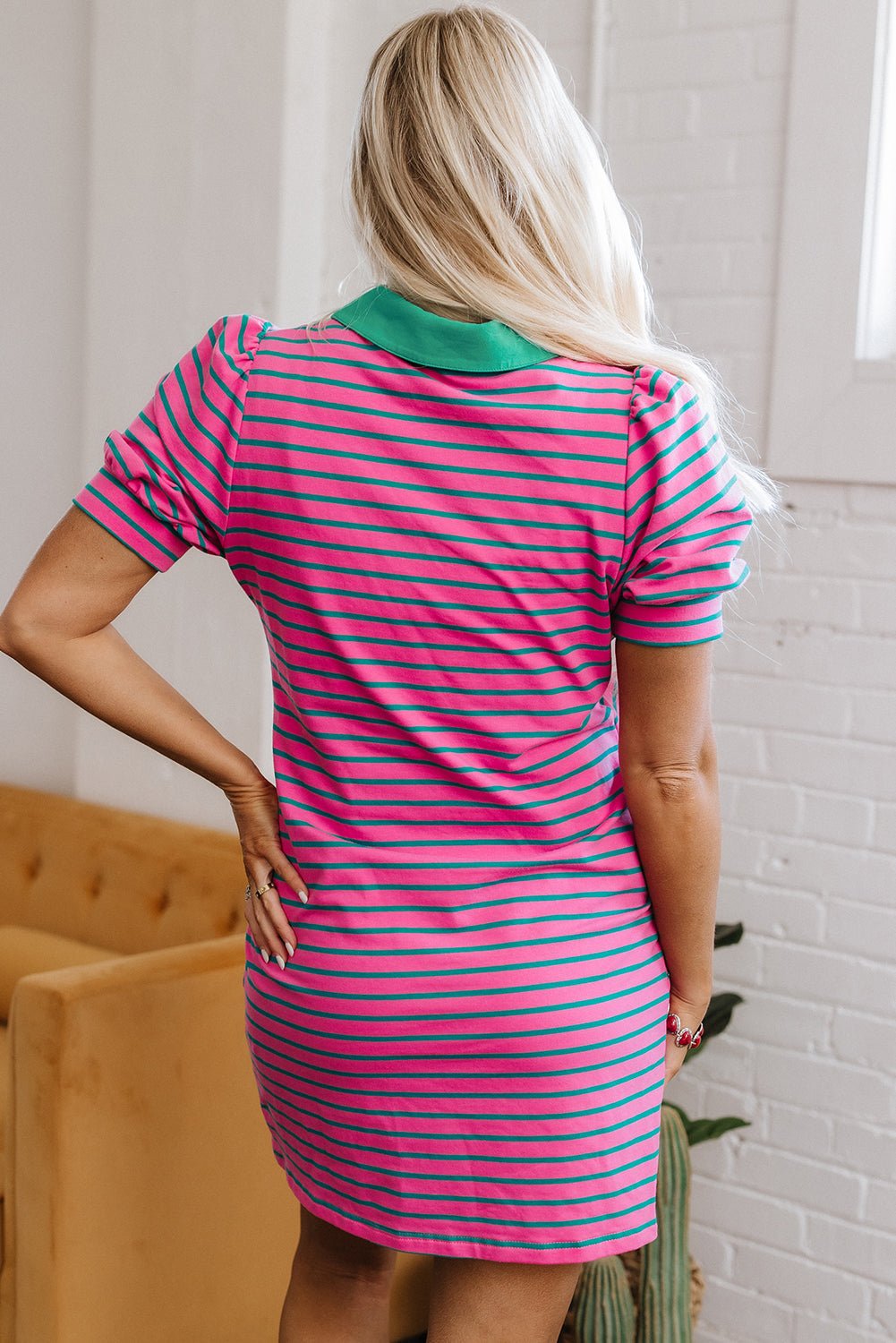 Stripe Collared V-Neck Puff Sleeve T-Shirt Dress - Rooted & Reckless Co.