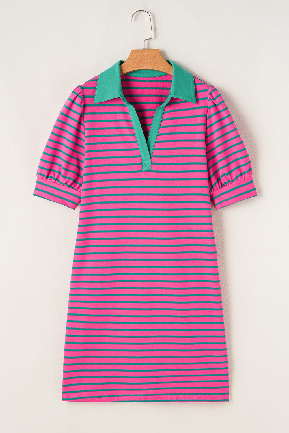Stripe Collared V-Neck Puff Sleeve T-Shirt Dress - Rooted & Reckless Co.