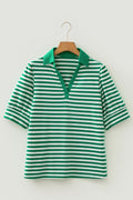 Stripe Collared V-Neck Short Puff Sleeve Top - Rooted & Reckless Co.
