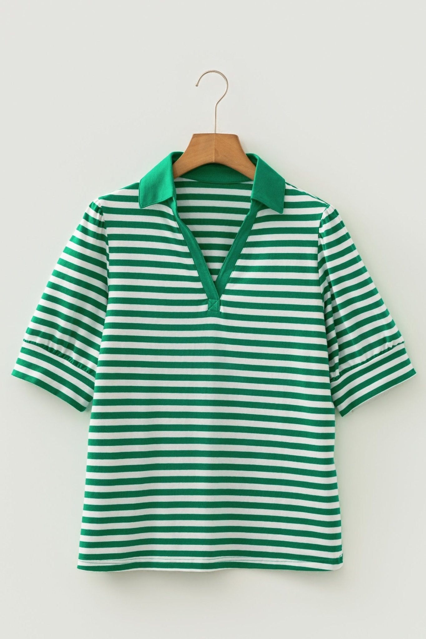 Stripe Collared V-Neck Short Puff Sleeve Top - Rooted & Reckless Co.