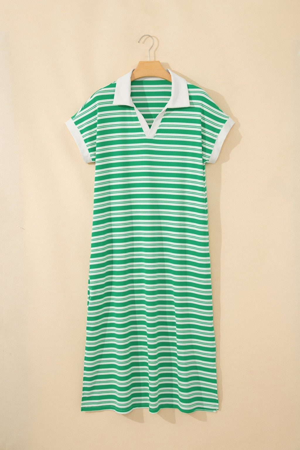 Stripe Collared V-Neck Short Sleeve Midi Dress - Rooted & Reckless Co.