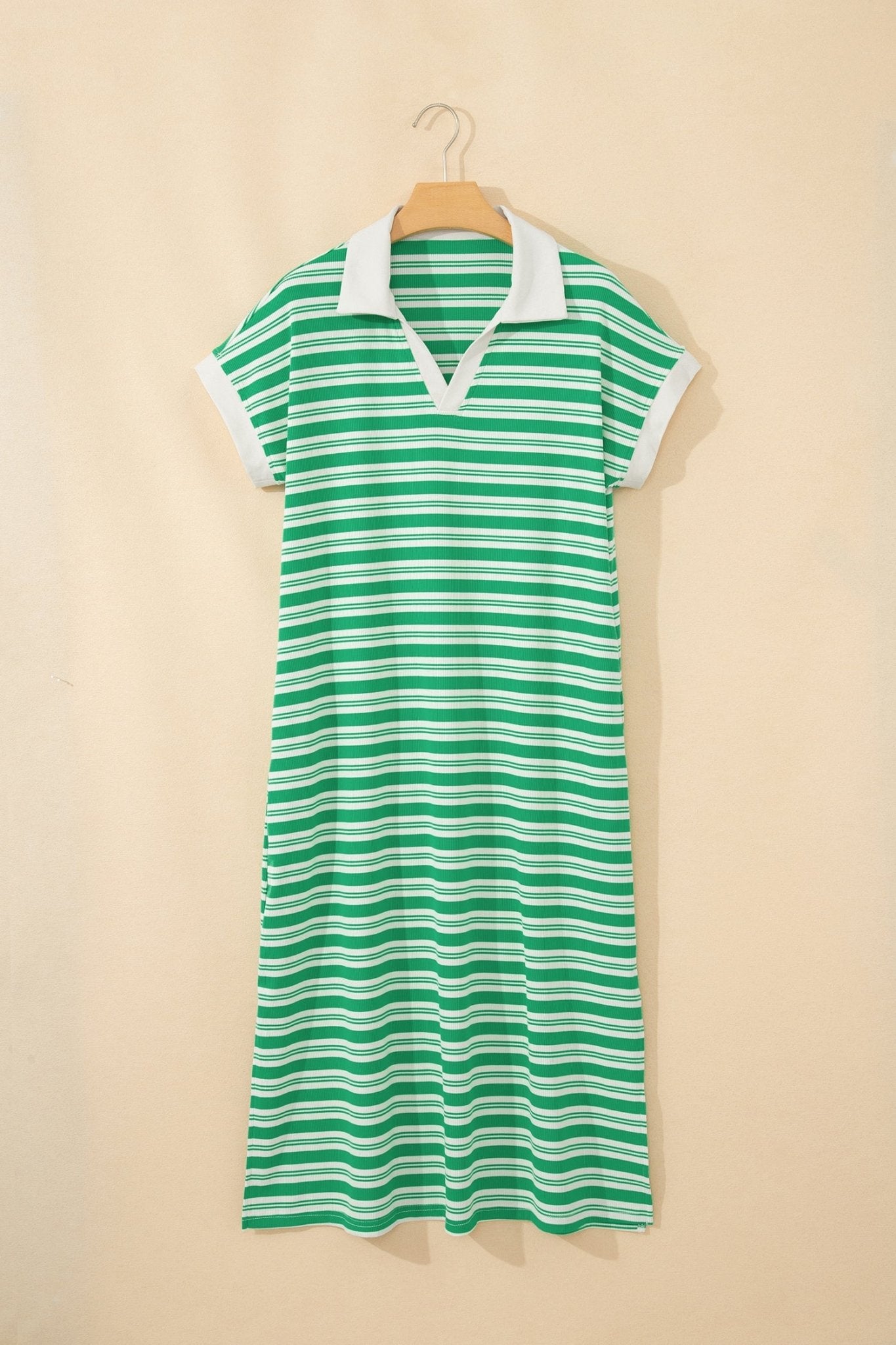 Stripe Collared V-Neck Short Sleeve Midi Dress - Rooted & Reckless Co.