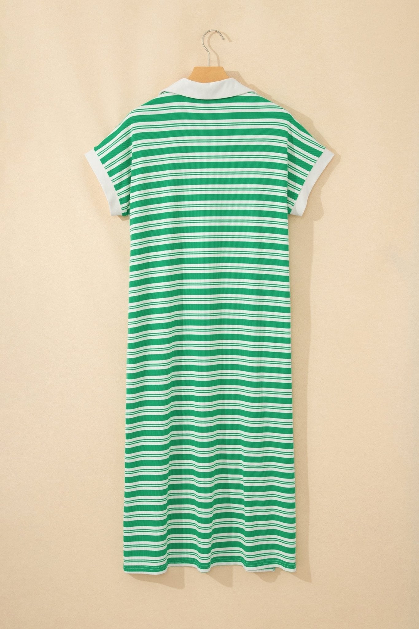 Stripe Collared V-Neck Short Sleeve Midi Dress - Rooted & Reckless Co.