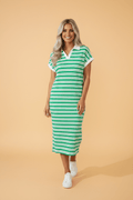 Stripe Collared V-Neck Short Sleeve Midi Dress - Rooted & Reckless Co.