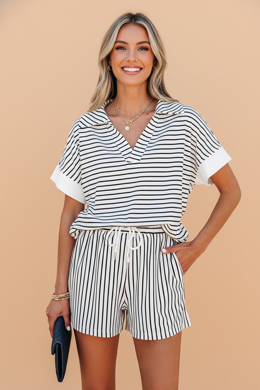 Stripe Collared V-Neck Tee & Shorts Set - Rooted & Reckless Co.