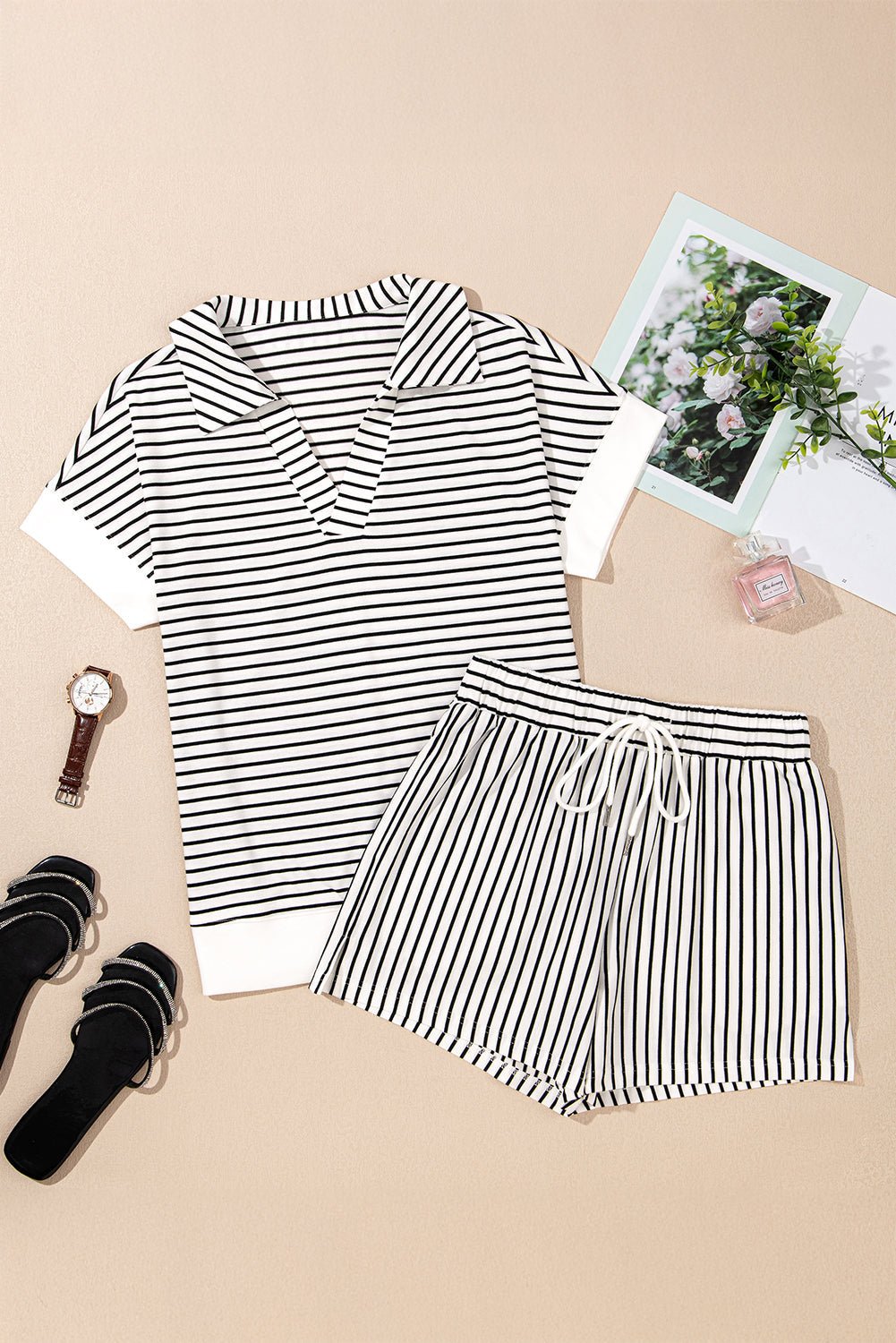Stripe Collared V-Neck Tee & Shorts Set - Rooted & Reckless Co.