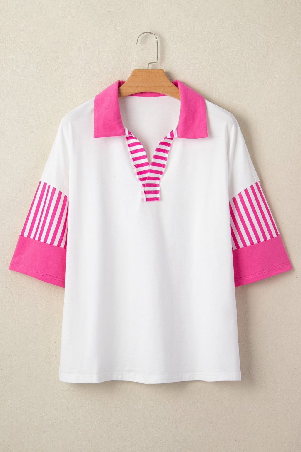 Stripe Coloblock Patchwork Polo Collar 3/4 Sleeve Tee - Rooted & Reckless Co.