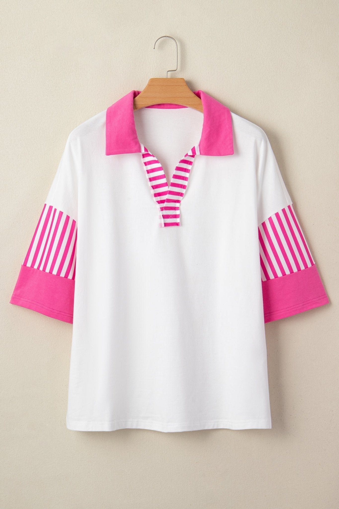 Stripe Coloblock Patchwork Polo Collar 3/4 Sleeve Tee - Rooted & Reckless Co.