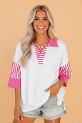 Stripe Coloblock Patchwork Polo Collar 3/4 Sleeve Tee - Rooted & Reckless Co.