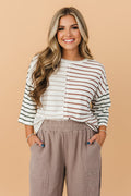 Stripe Colorblock 3/4 Sleeve Loose T-Shirt - Rooted & Reckless Co.