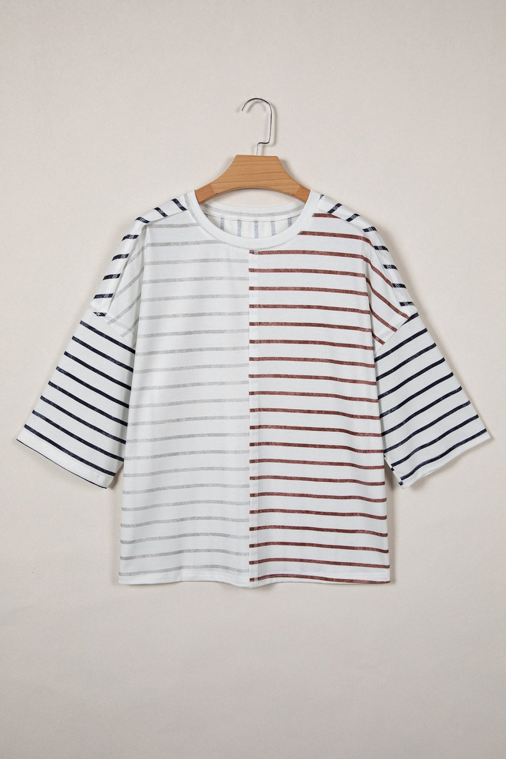 Stripe Colorblock 3/4 Sleeve Loose T-Shirt - Rooted & Reckless Co.