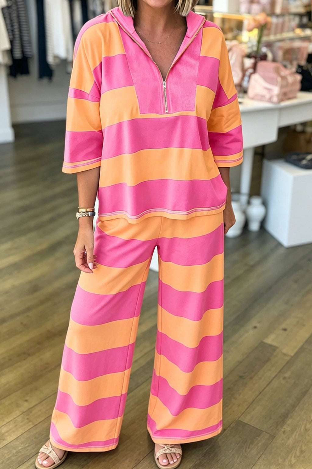 Stripe Colorblock 3/4 Sleeve Top and Pants Set - Rooted & Reckless Co.